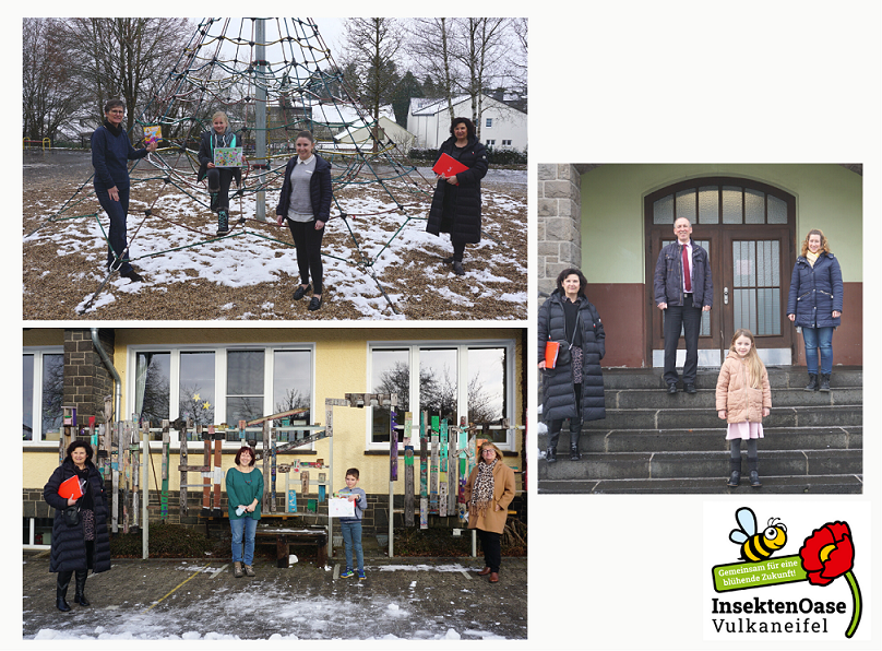 Die Gewinner:innen des Malwettbewerbs: Frieda Hilgers (links oben), Mia Speicher (rechts) und Raphael Kempf (links unten). Foto: Kreissparkasse Vulkaneifel